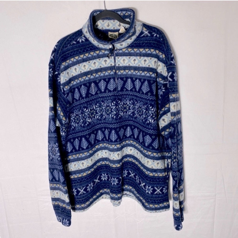 Vintage Rest & Relaxation Blue White Multi Print Striped Full Zip Fleece L